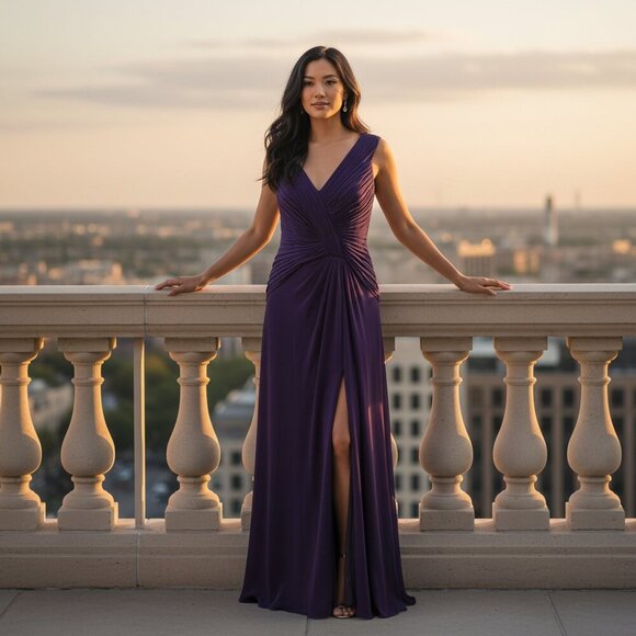 Tadashi Shoji Dresses & Skirts - TADASHI COLLECTION PURPLE SILK CHIFFON V-NECK PLEATED GOWN
